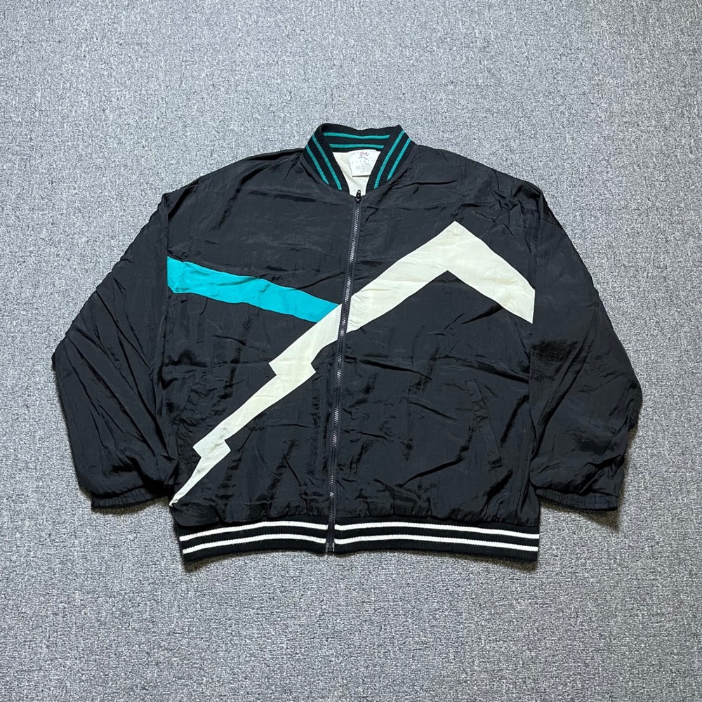 Vintage Avait Sportif Windbreaker Jacket Large‎ Black Teal Geometric 90s Zip Up